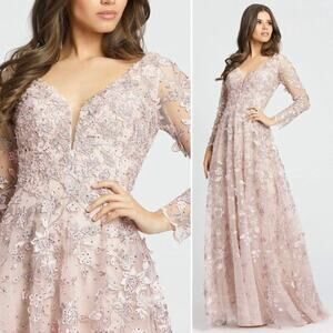 Mac Duggal Pink Floral Applique Illusion Long Sleeve Gown 70224 Sz 6 NWT
